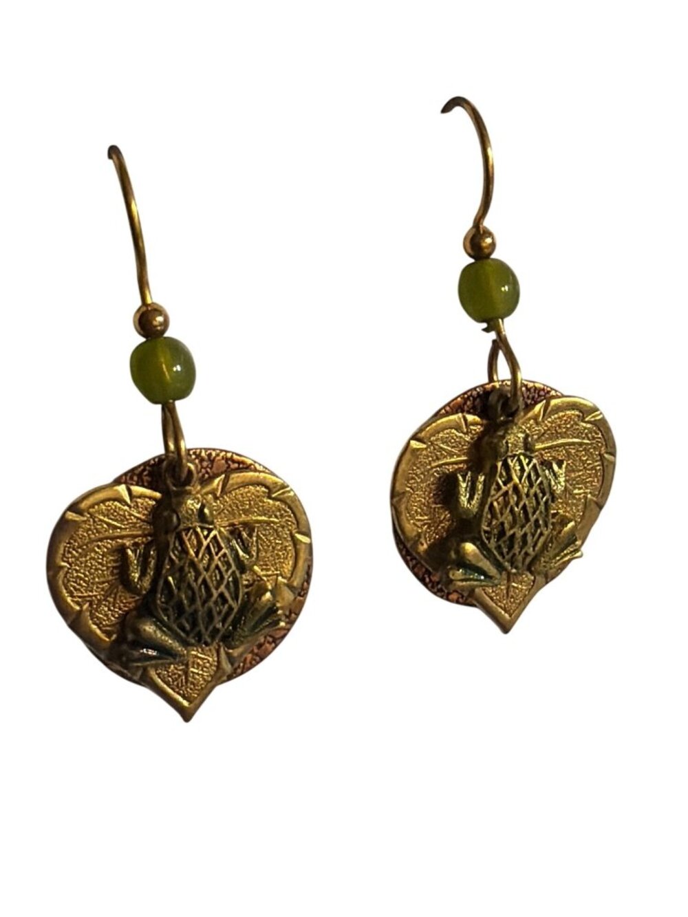 Silver Forest Frog on Lily Pad Layered Earrings Gold Tone Dangle Hooks 1.5"